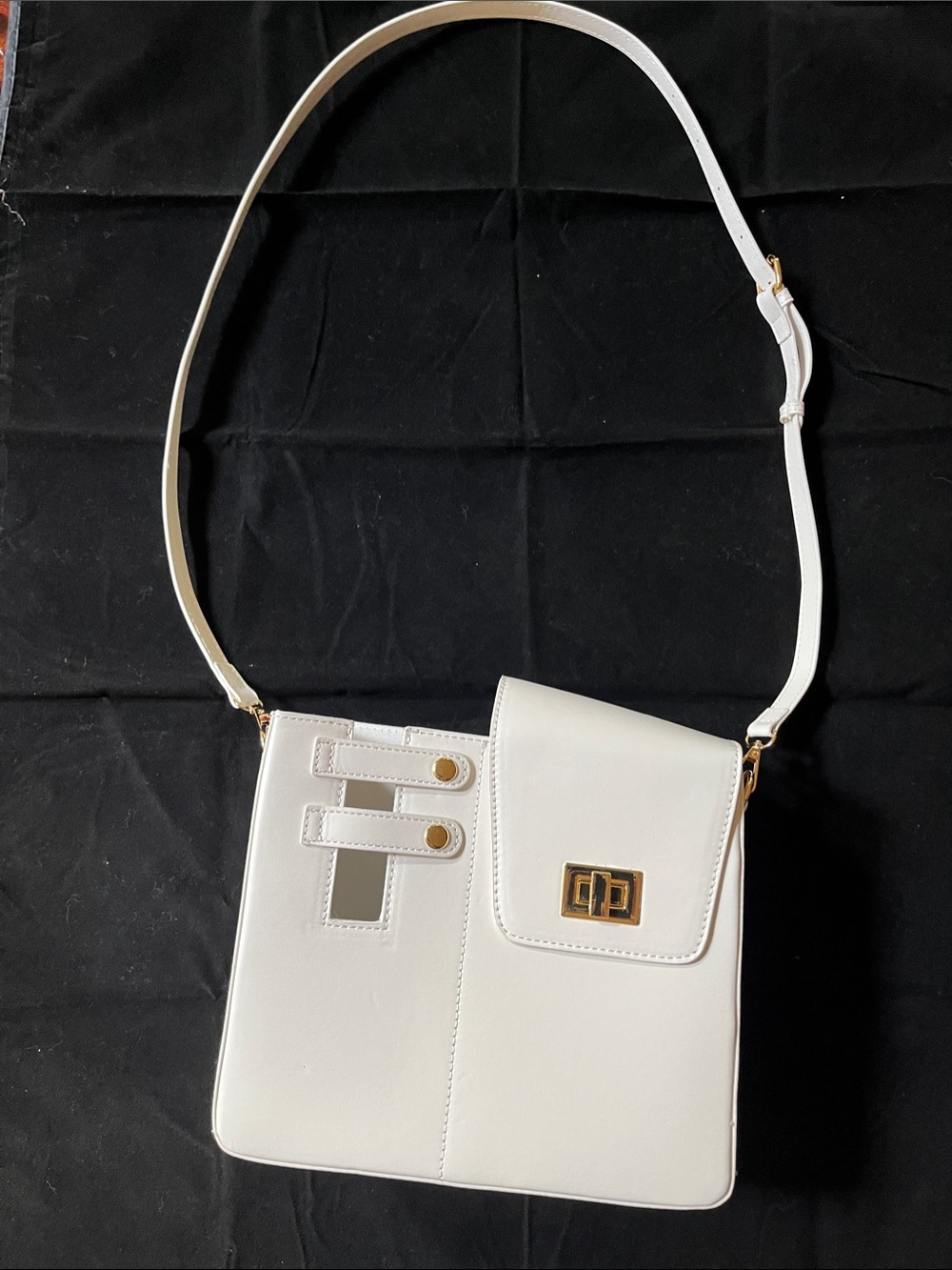White Crossbody Shoulder Bag with Side Cup Holder & Gold Hardware